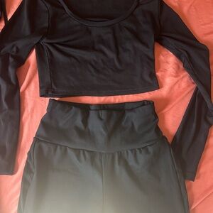 Others Follow Black Ribbed Long Sleeve Crop Top and High Waist Leggings Set